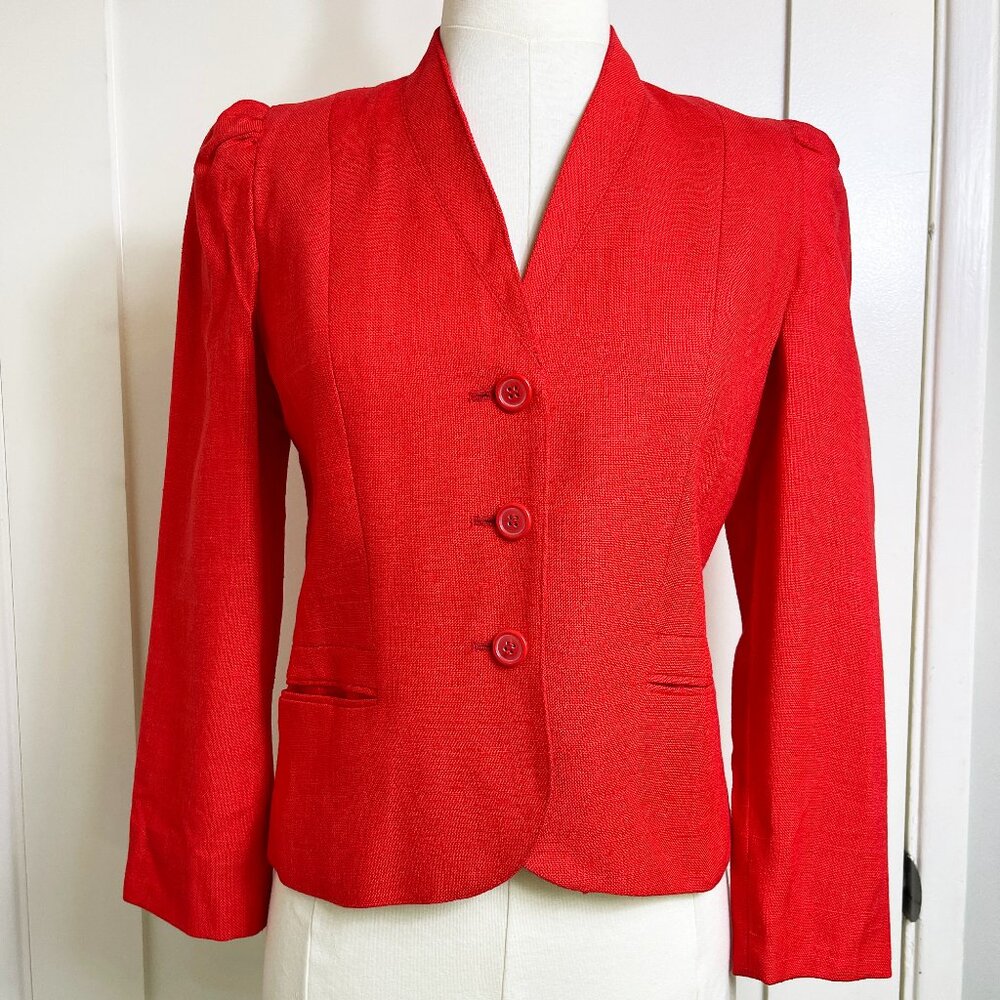 Vintage 1980s Cherry Red Peabody House Short Blazer with Puff Sleeves, Pockets